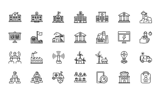 Simple web outline icons set of social and economic sectors isolated on white