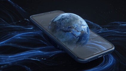 3D Earth globe displayed on a smartphone screen, with glowing waves