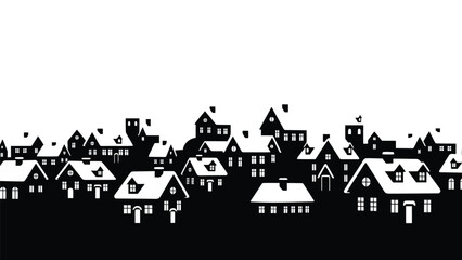 Black Silhouette of a Winter Village with Houses Isolated on White Background