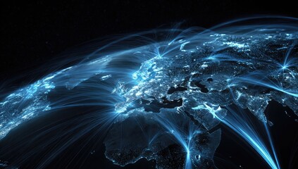 Global network visualization with glowing blue lines connecting illuminated continents