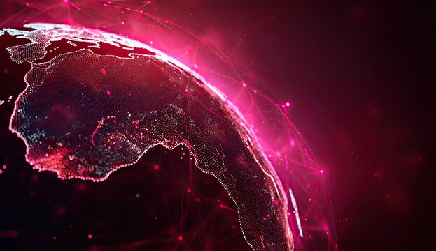 Glowing digital globe with network connections against a dark, vibrant background - Powered by Adobe