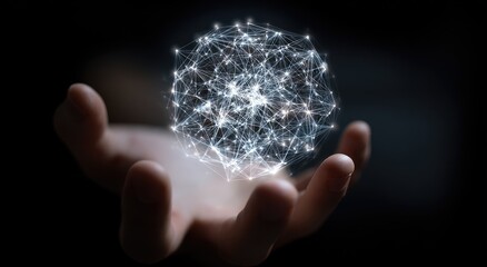 A human hand holds a glowing, interconnected network of light particles