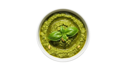 Fresh green pesto sauce in a bowl isolated PNG, traditional Italian condiment with basil leaves and pine nuts for pasta and gourmet food