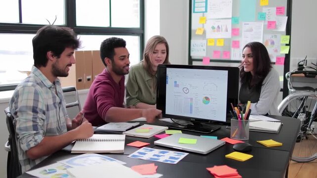 A diverse group collaborates around a computer screen, discussing data visualizations in a modern office