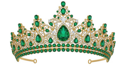 Luxurious golden tiara adorned with emerald and diamond isolated on transparent background 