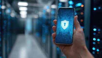Hand holding smartphone showing a digital shield symbol in a data server room