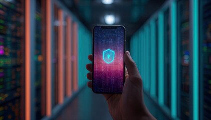 Hand holds a phone displaying a digital security shield within a server room corridor