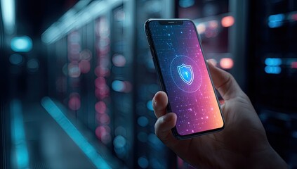 Hand holding smartphone displaying security icon in a data center setting