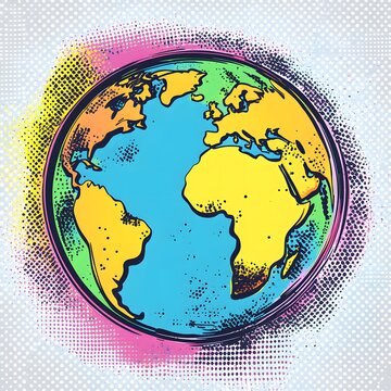 A vibrant illustration of planet earth on a dotted background design.  