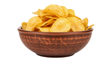 Delicious potato chips in a rustic bowl isolated PNG, crispy snack for party food and fast food concepts on transparent background