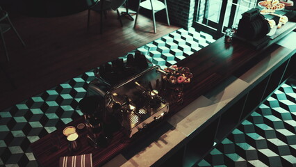 Amidst stylish black and white geometric tiles, a gleaming coffee machine sits on a wooden counter, surrounded by tempting pastries and fresh flowers in a lively cafe atmosphere.