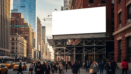 Blank Billboard Mockup on Busy New York City Street with Yellow Taxis at Dusk