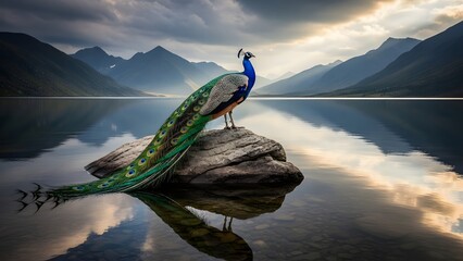 Majestic peacock perched on a rock overlooking a tranquil lake surrounded by dramatic mountain scenery