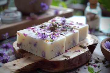 Three bars of natural soap decorated with purple flowers sit on a wooden cutting board, showcasing a rustic, homemade aesthetic