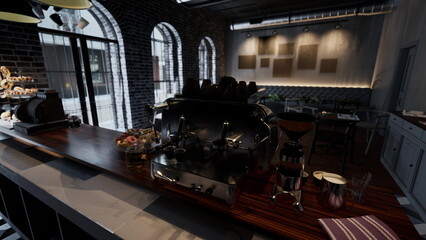 Inside a stylish coffee shop, a sleek espresso machine sits on the wooden counter, surrounded by pastries.