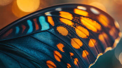 Macro Close-up of Colorful Butterfly Wing Texture with Blue and Orange Scales Details