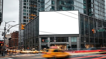 Blank Billboard Mockup on Busy New York City Street with Yellow Taxis at Dusk