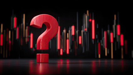 Red question mark overlaying a blurred red and green financial stock chart