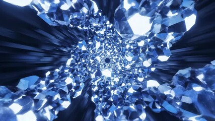 Endless flight through a brightly lit crystalline geometric tunnel composed of rotating blue and white shapes presentation, crystallinegeometric, design