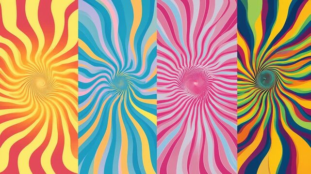 Bright colorful abstract swirl backgrounds in psychedelic pop art style with hypnotic spinning patterns