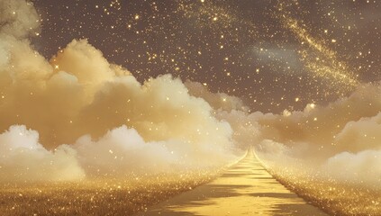 Golden pathway through clouds to a starry sky
