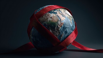 Globe wrapped in a flowing red ribbon, against a dark, moody background