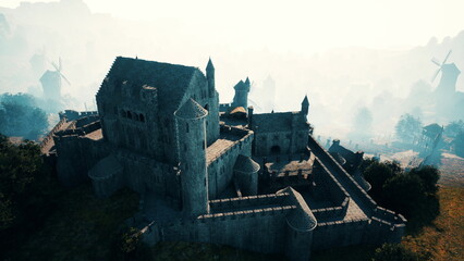 Majestic castle stands atop a hill, surrounded by mist. Distant windmills create a serene backdrop. The scene captures the essence of a mystical morning, inviting exploration and adventure.