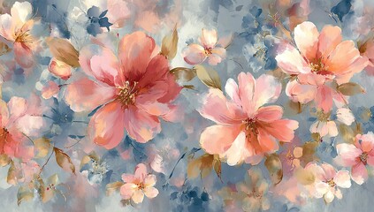 Watercolor floral composition with peachy-pink blooms, delicate leaves, and soft, blurred background