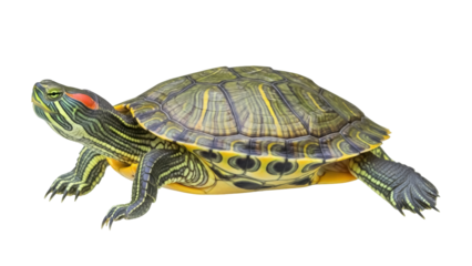 Red-eared slider turtle PNG isolated on transparent background, aquatic reptile with distinctive red stripe for pet and wildlife concepts