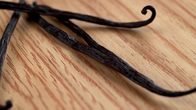 Close-up of dark brown vanilla beans arranged on a light-colored wooden surface. Macro photography