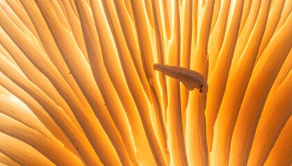 Close-up of glowing gills beneath a mushroom