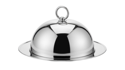 Elegant silver serving dome isolated PNG, stainless steel food cover for restaurants and catering on transparent background