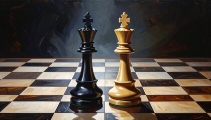 Dramatic chessboard scene with golden and black chess pieces under cinematic lighting, strategic atmosphere, high contrast, shallow depth of field, intense and elegant mood