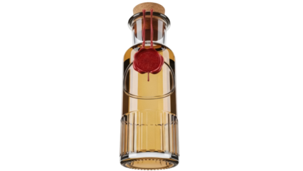 Vintage potion bottle with cork and wax seal isolated PNG, antique glass container with golden liquid on transparent background