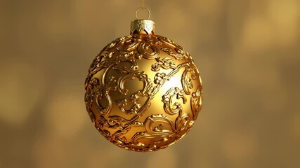 A detailed close-up showcases a luminous golden ornament with intricate embossed patterns