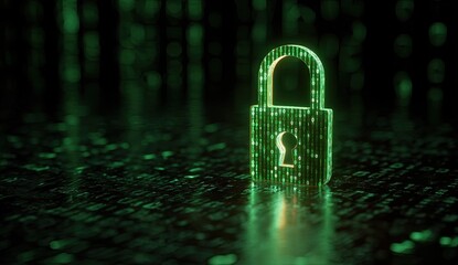Digital padlock on binary code matrix, symbolizing secure data
