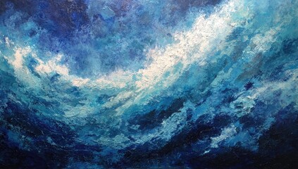 Abstract oil painting showcasing dynamic ocean wave movement with vibrant blues and white highlights