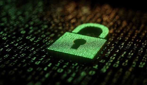 Digital padlock glowing green on a background of binary code - Powered by Adobe