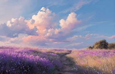 Serene path through vibrant lavender field under a pastel sky © Zaki