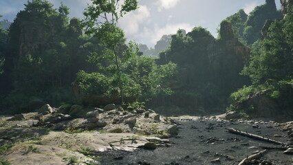 A serene forest scene filled with lush trees and vibrant plant life. A gentle stream meanders through smooth stones, illuminated by bright sunlight filtering through the canopy.