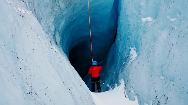 A person rappels into a deep blue ice cave. Surrounded by textured ice, held by an orange rope
