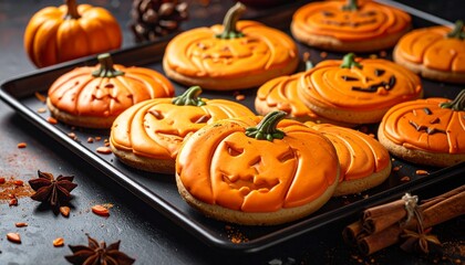Halloween pumpkin-shaped cookies with carved jack-o&rsquo;-lantern faces on dark baking tray, warm autumn lighting, festive spooky mood, detailed food photography, cozy fall vibes
