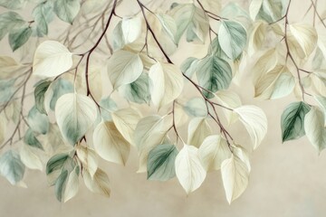 A soft watercolor illustration of cascading leafy branches with muted green and beige tones