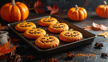 Halloween pumpkin-shaped cookies with carved jack-o&rsquo;-lantern faces on dark baking tray, warm autumn lighting, festive spooky mood, detailed food photography, cozy fall vibes