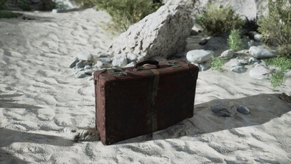 A weathered suitcase lies abandoned on the sunlit sand, surrounded by smooth stones and rugged rocks. It evokes stories of past travels and adventures long gone.
