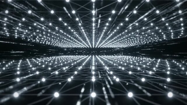 Expanding technological lattice structure composed of bright interconnected nodes and glowing white data lines creating an organized 3D resonant digital field network, seamless, digital