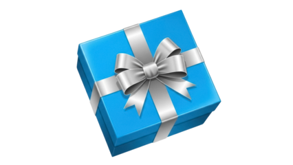 Blue gift box with silver ribbon and bow isolated PNG, present for birthday or Christmas on transparent background Celebration and surprise