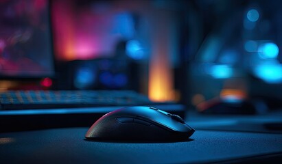 A gaming mouse sits on a surface with colorful, blurred lights in background