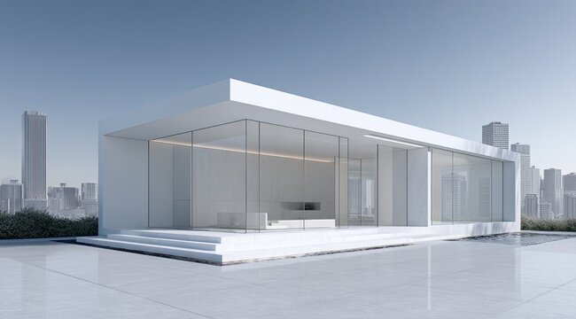 Modern minimalist white pavilion with glass walls, cityscape backdrop