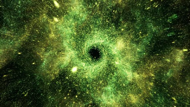 Explosive appearance of highly dense flickering green and yellow quantum light particles filling a blank black screen instantly visualization, dynamic, virtual